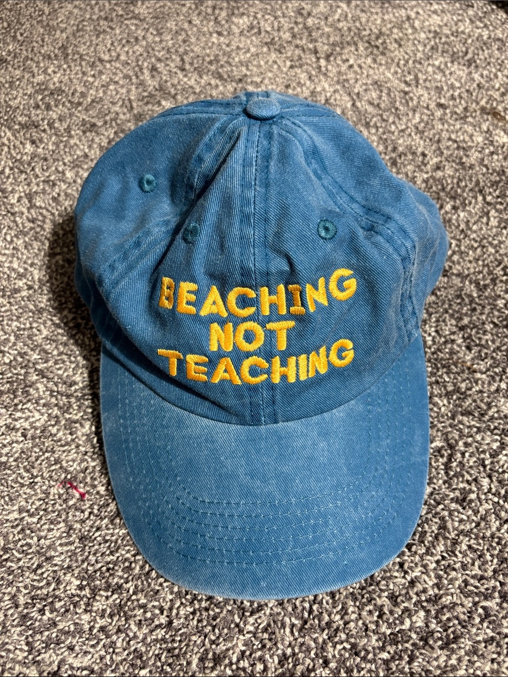 Beaching Not Teaching Blue Denim Cap with Yellow Embroidery